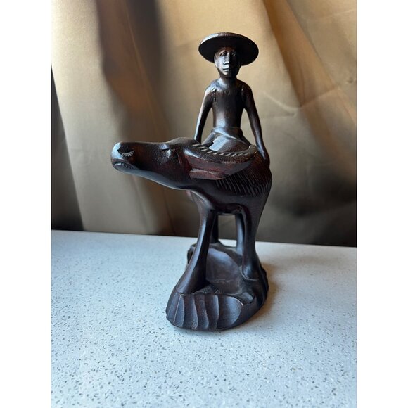 Hand-Carved Wooden Sculpture Of Man On Water Buffalo Vintage - Picture 10 of 15